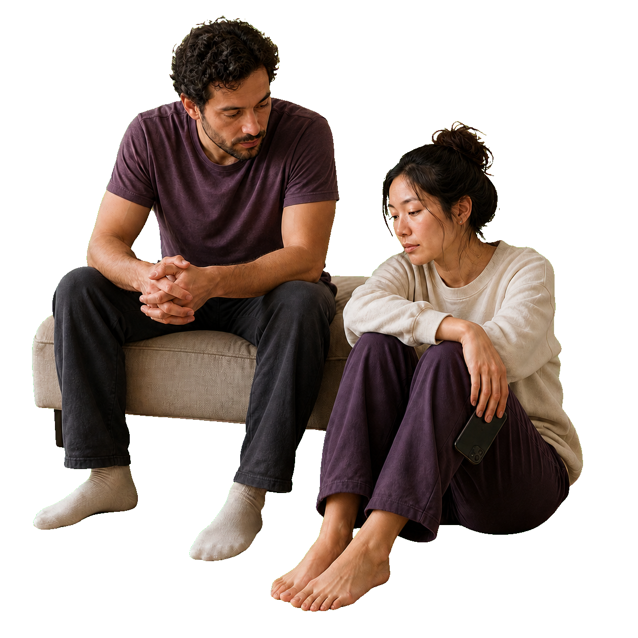 A couple takes a quiet pause together after a difficult conversation